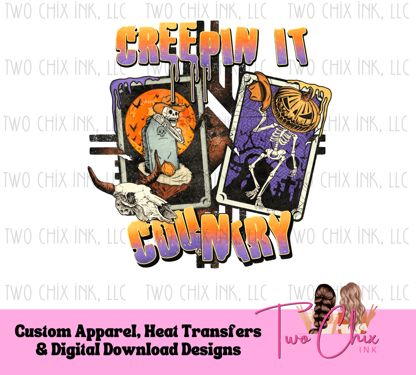 Creepin' It Country: Skeleton Pumpkin, Longhorn Skull, Halloween Design, Rustic Charm, Purple Orange Black, Autumn Style DTF Ready to Press Heat Transfer