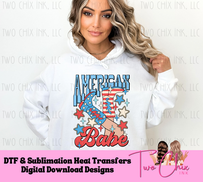 American Babe 4th of July DTF - Red, White, Blue Cowgirl Boots - Patriotic Country Western Theme