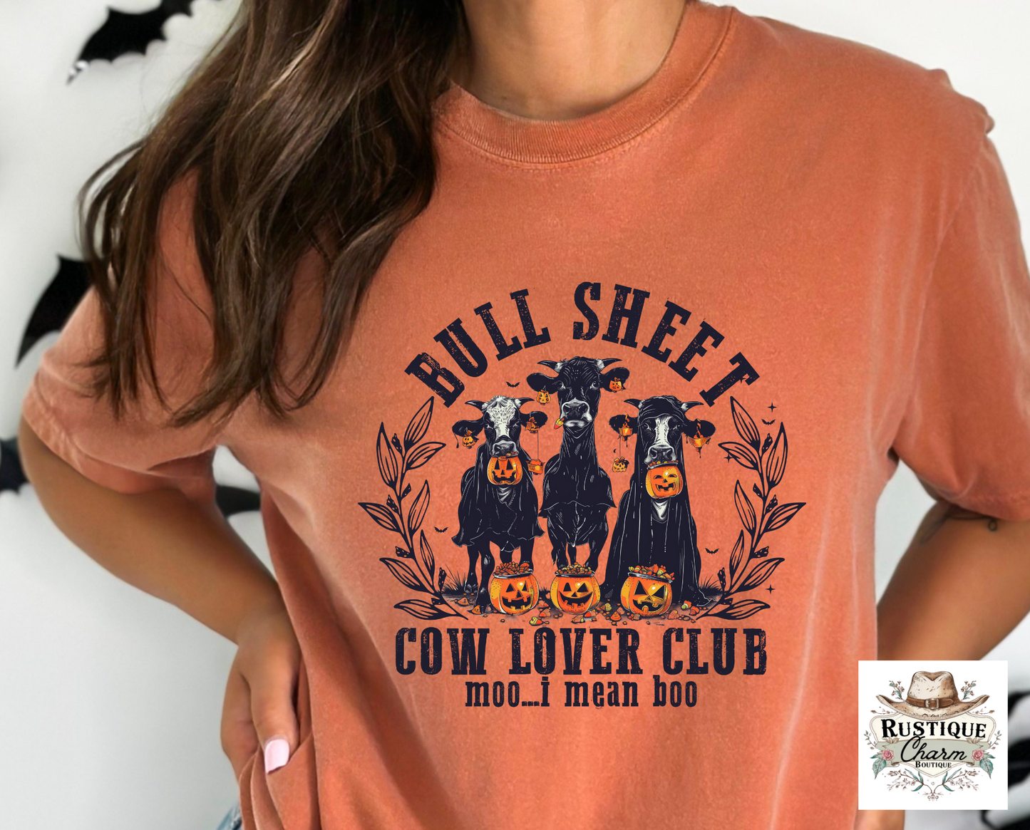Bull Sheet Cow Lovers Club Halloween Graphic | Funny Cow Design with Jack-o-Lanterns | Boo I Mean Moo Shirt | Wholesale DTF