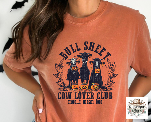 Bull Sheet Cow Lovers Club Halloween Graphic | Funny Cow Design with Jack-o-Lanterns | Boo I Mean Moo Shirt | Wholesale DTF
