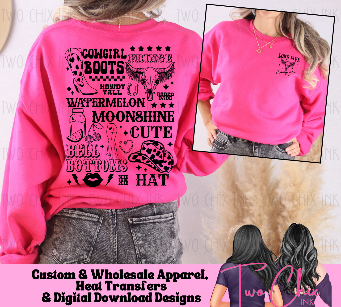 Watermelon Moonshine, Western Vibe, Neon Pink Crewneck Sweatshirt DTF Print