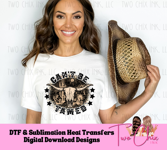 Can't Be Tamed: Longhorn Cow Skull Desert Transfer - Western Style Font Oval with Stars| DTF | Sublimation