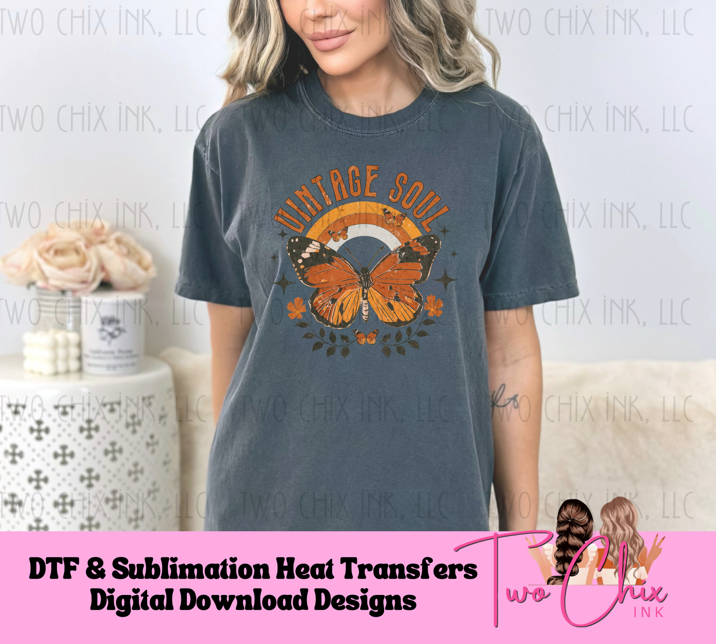 Vintage Soul Monarch Butterfly Boho Style DTF Ready for Press Tshirt Transfer