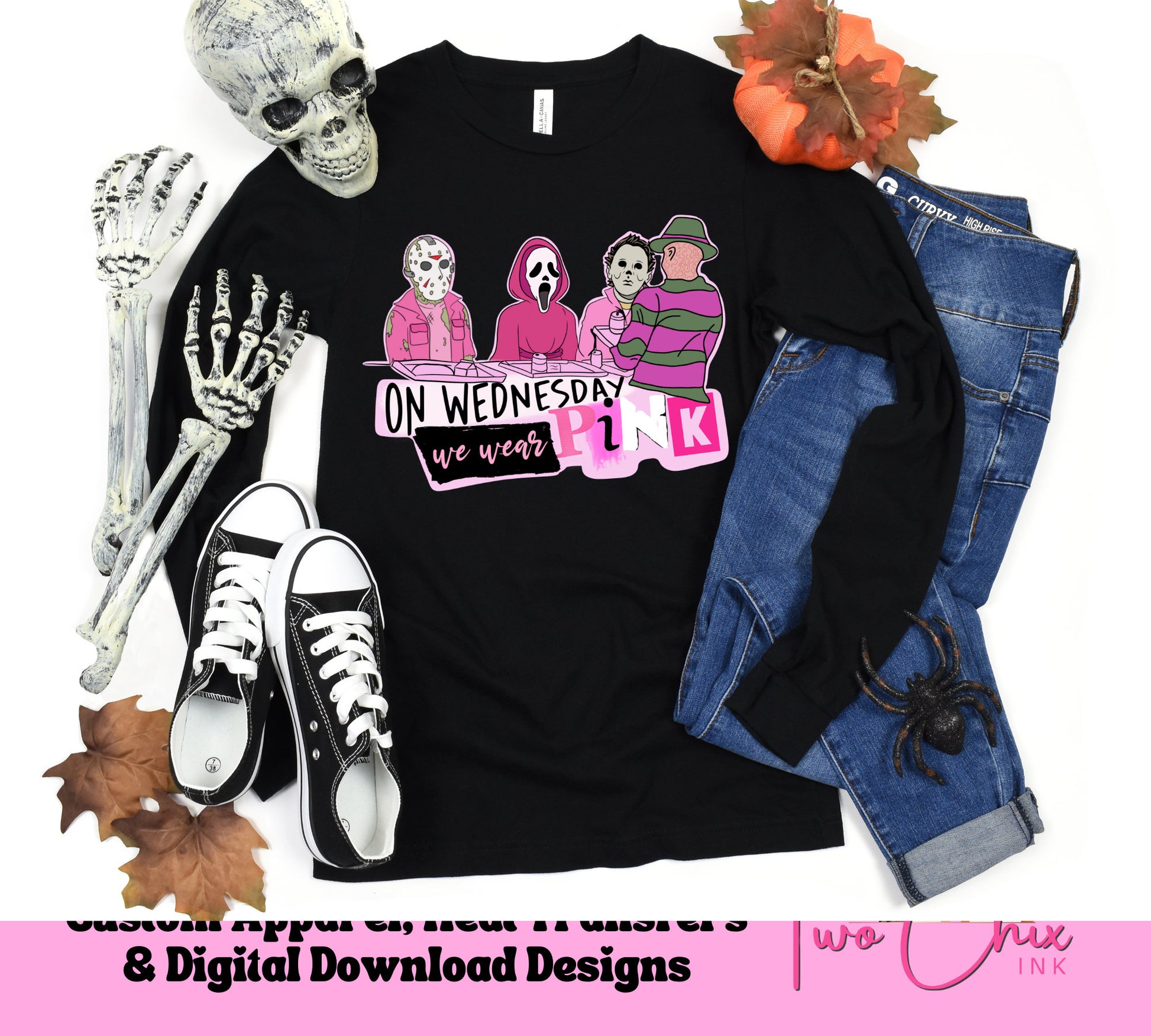 Halloween shirt Horror Mashup DTF Transfer On Wednesdays We Wear Pink Mean Girls ready to press heat transfer designs Halloween sweatshirt